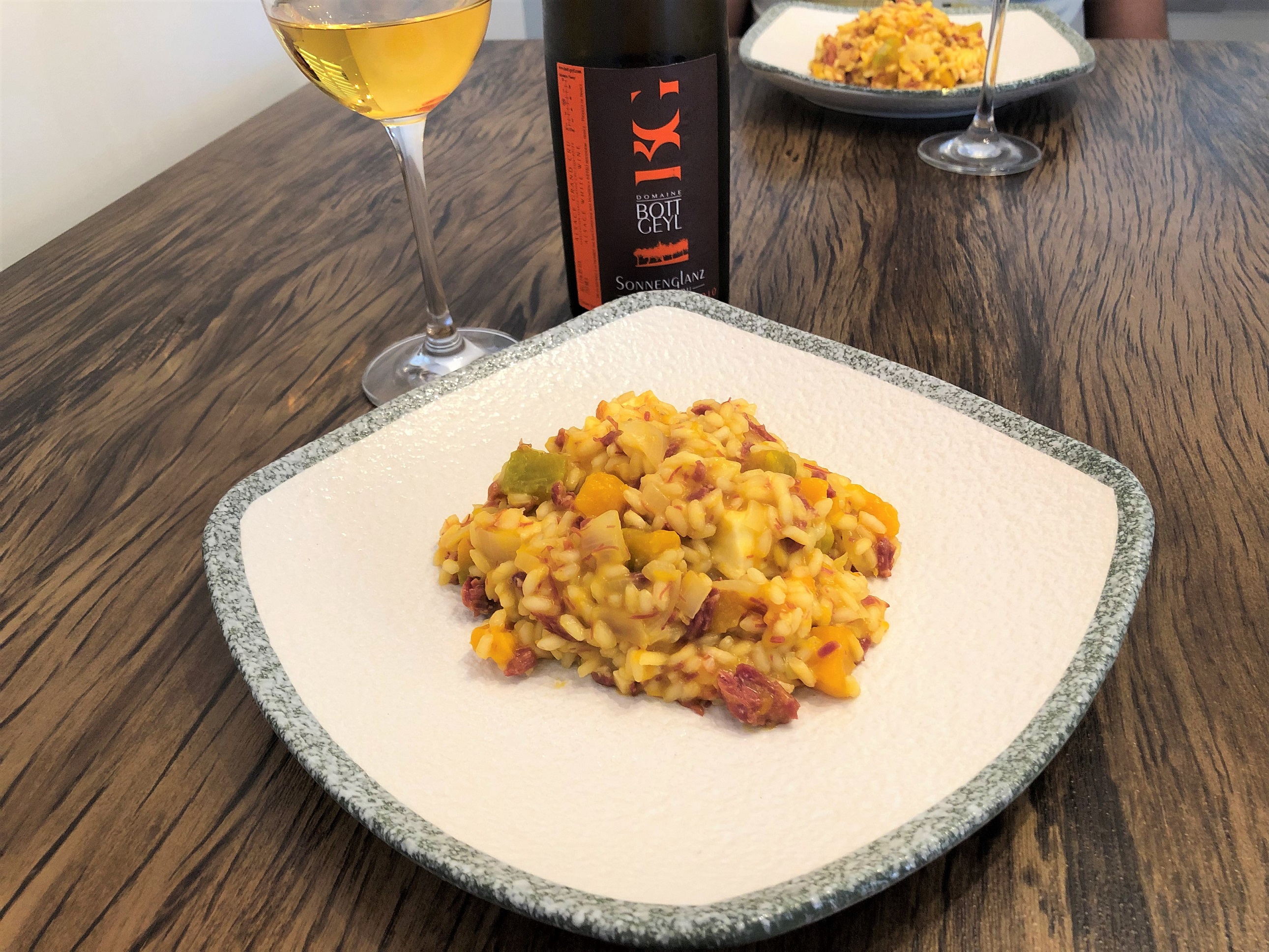 Harmonização vinho branco risoto de abobora com carne seca